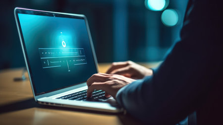 Businessman working on laptop in dark office at night with blue lightの素材