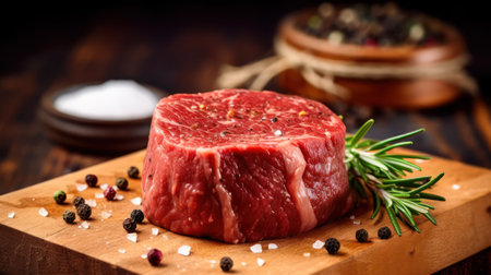Raw beef steak with spices and herbs on a wooden cutting board.の素材