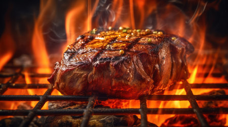 Grilled steak on the grill with flames. Close-up.の素材