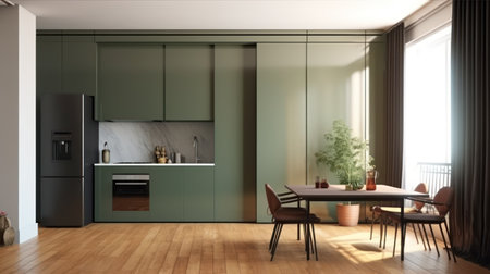 Kitchen interior design. 3d illustration. Green modern kitchen.の素材