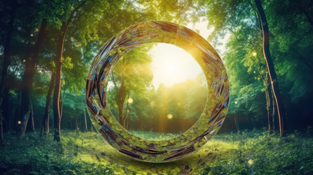 abstract image of green forest and round frame. 3d renderingの素材