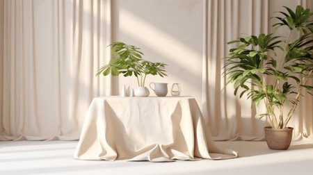 3d render interior design of living room with white tablecloth and plantsの素材