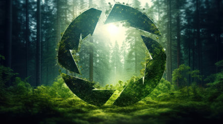 Recycling symbol in the green forest. 3D rendering.の素材