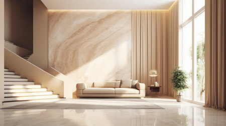 Interior of modern living room with white walls, concrete floor, beige sofa and wooden coffee table. 3d renderingの素材