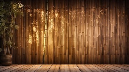 3d render of bamboo wall and wooden floor with bamboo plant.の素材