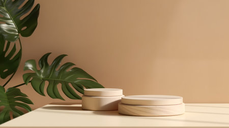 3d render of beige background with podiums and monstera leafの素材