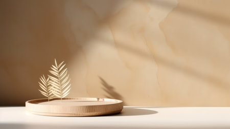 3d render of brown podium with palm leaf shadow on the wallの素材