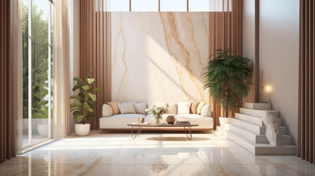 Interior of modern living room with white marble walls, tiled floor, comfortable sofa and plants. 3d renderingの素材