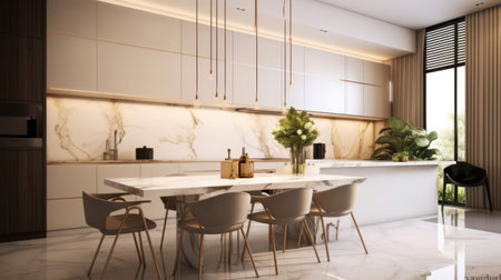 Interior of modern kitchen with white and beige walls, tiled floor, white countertops and wooden cupboards. 3d renderingの素材