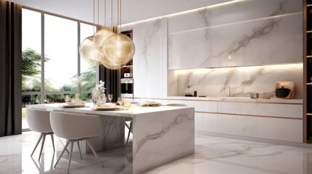 3d render of modern kitchen interior design with white marble and goldの素材
