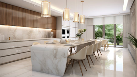 3d rendering luxury and modern dining room and kitchen with dining tableの素材