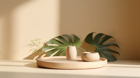Wooden round podium with monstera leaves on a beige backgroundの素材