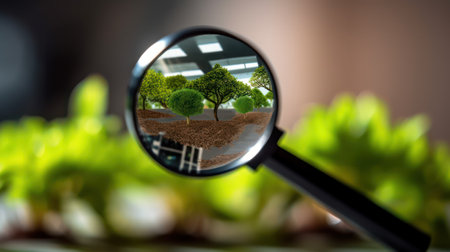 Magnifying glass with a tree in the garden. Conceptual imageの素材