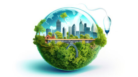 Ecology concept with earth globe and cityscape in the background.の素材