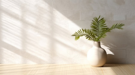 Vase with plant on wooden table and white wall background. 3d renderingの素材