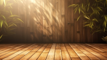 Wooden floor with bamboo background. 3D illustration. Natural background.の素材