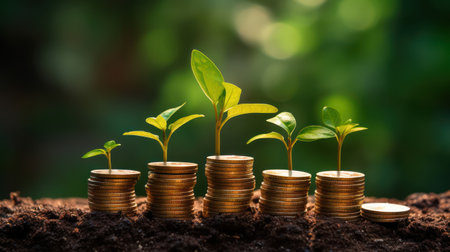 Plant growing from pile of coins with green bokeh backgroundの素材