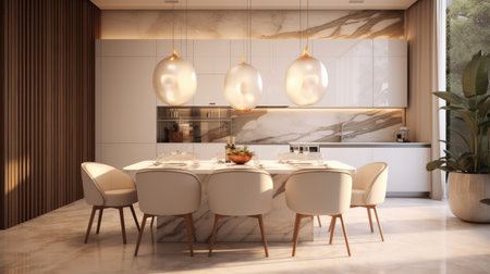 3d rendering luxury kitchen and dining room in modern house with white wallsの素材