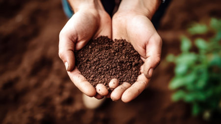 Close up of female hands holding handful of ground coffee with soil background.の素材