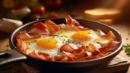 Fried eggs with bacon in a frying pan on a wooden tableの素材
