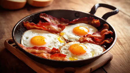 Fried eggs with bacon in a frying pan on a wooden tableの素材