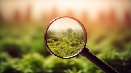 Magnifying glass on nature background. Searching for something in the field.の素材