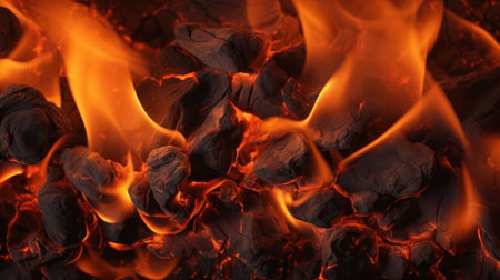 Burning coals in a fireplace, close-up, abstract backgroundの素材
