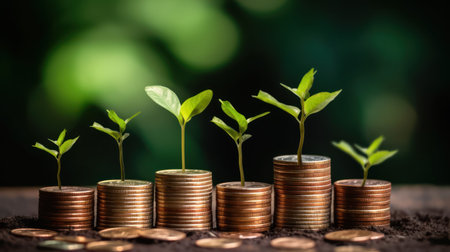 plant growing out of coins with bokeh background, finance and banking conceptの素材
