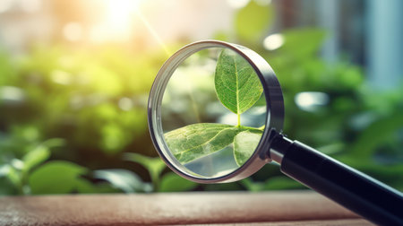 Magnifying glass and green leaf on wooden table with bokeh backgroundの素材