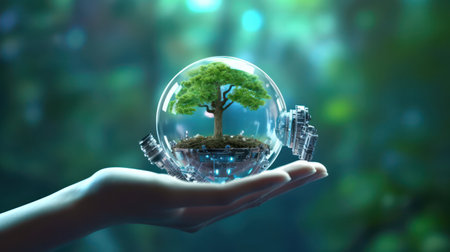 Hand holding glass globe with green tree on blurred background. 3D renderingの素材