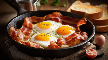 Fried eggs with bacon in a pan on a wooden table.の素材