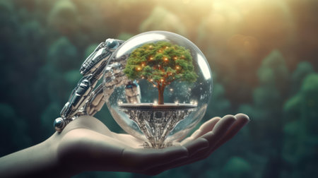 Human hands holding glass globe with tree inside. Ecology concept. 3D Renderingの素材