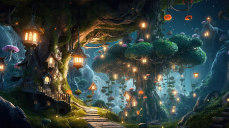 Fantasy fantasy landscape with fantasy houses and trees. 3d renderingの素材