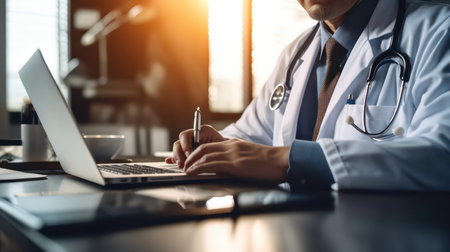 Doctor working on laptop computer in medical office. Medical and healthcare concept.の素材