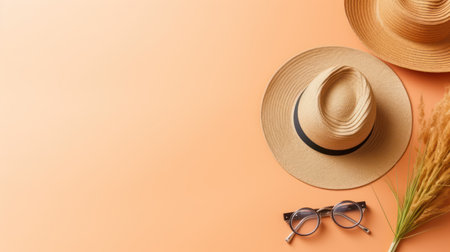 Top view of straw hat, eyeglasses and spikelets on orange backgroundの素材