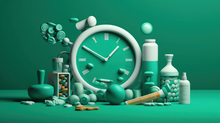 Alarm clock and pills on green background. 3D rendering.の素材