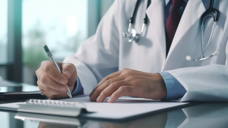 Close-up of a doctor writing on a clipboard while sitting at his working placeの素材