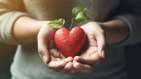 Female hands holding a red heart with a green leaf on the background.の素材