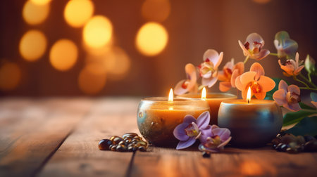 Spa still life with burning candles and orchid flowers on wooden backgroundの素材