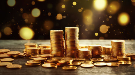 golden coins with bokeh background, business and financial conceptの素材