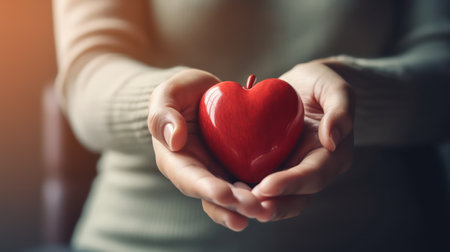 Close up of woman hands holding red heart. Valentines day conceptの素材
