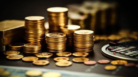 Coins and calculator for finance and banking concept with shallow depth of field.の素材