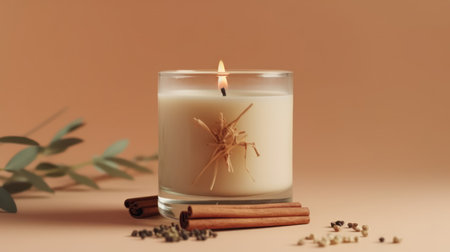 Aromatherapy candle with cinnamon sticks and anise on beige backgroundの素材