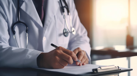 Close up of female doctor writing on clipboard while sitting at the desk in clinicの素材