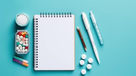 Top view of blank notebook with pen and pills on blue background.の素材