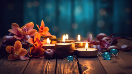 Spa still life with burning candles and orchids on wooden backgroundの素材