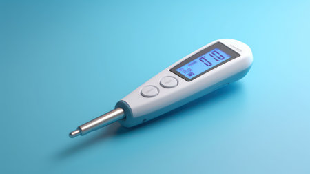 Digital thermometer isolated on blue background. 3d render illustration.の素材