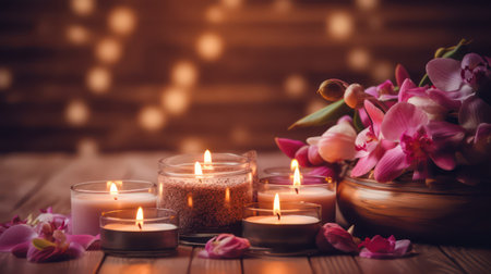 Spa still life with candles and orchid flowers on wooden backgroundの素材