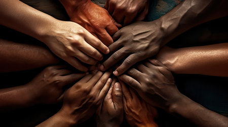 Group of diverse people holding hands together forming a circle on black backgroundの素材