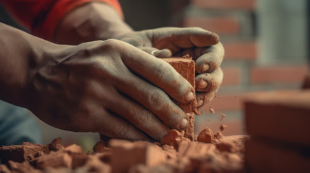 Ceramist hands working with clay on a construction site.の素材